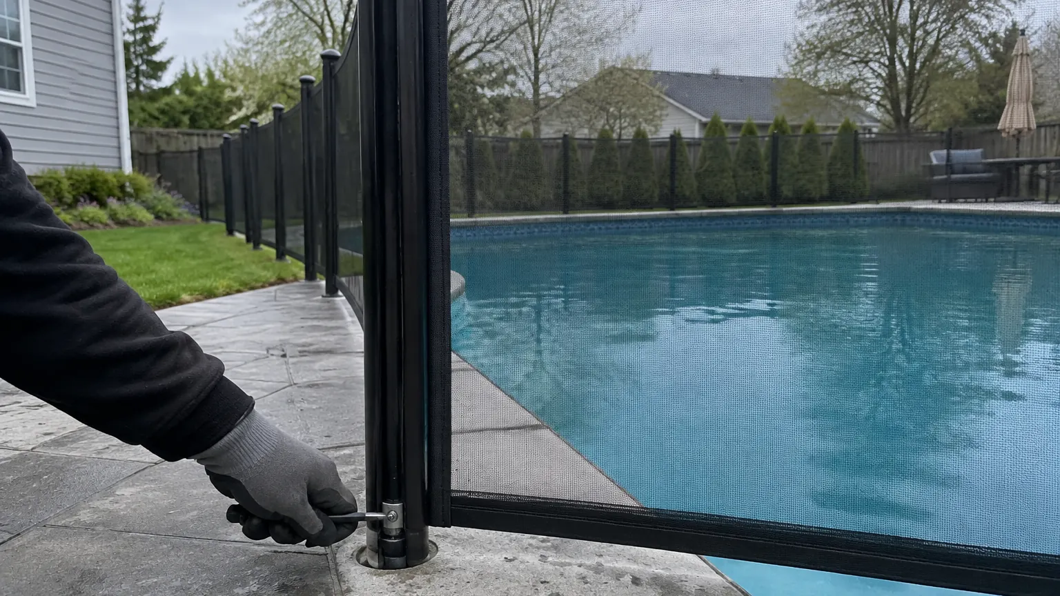 Gloved hand tightening a pole of a black mesh safety fence standing along the edge of a backyard pool