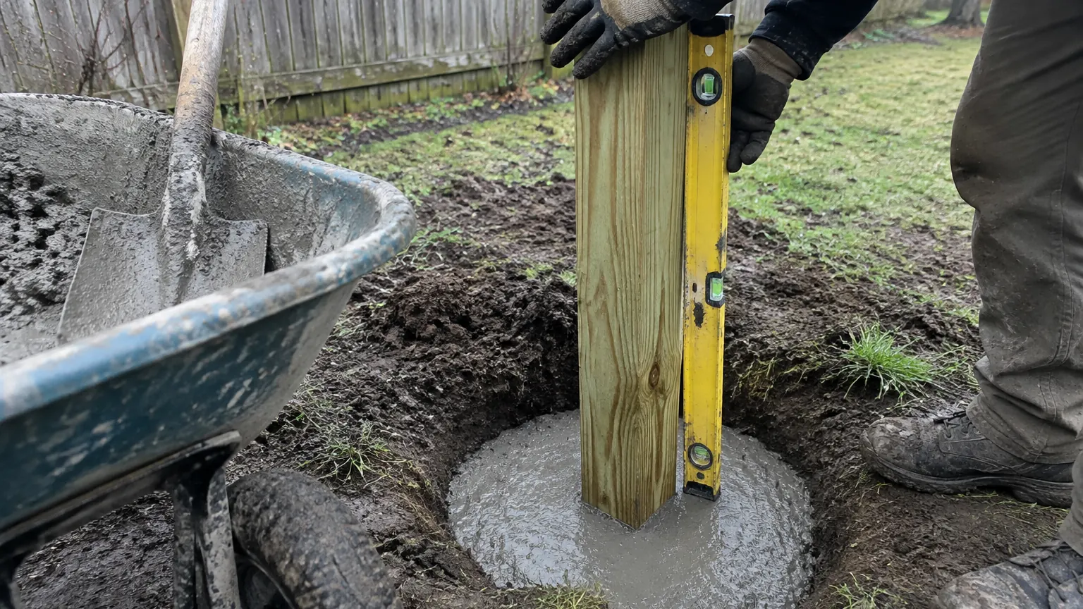 Gloved hands holding a level against a wooden fence post set in a wet concrete footing beside a wheelbarrow of mix