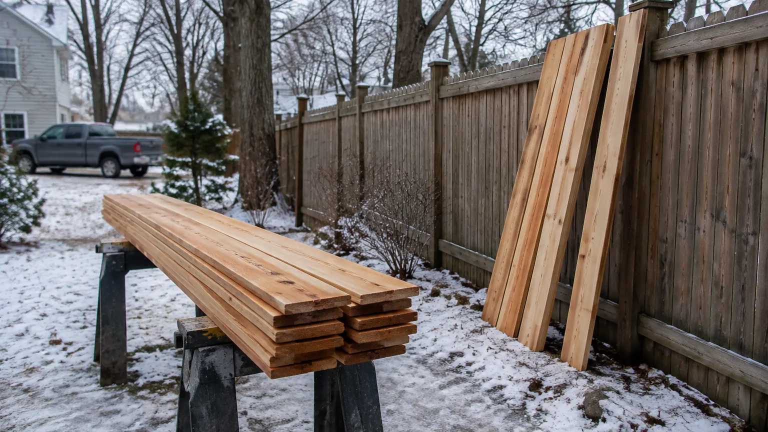 Fresh cedar fence boards stacked on sawhorses and leaning on an old fence in a snowy backyard, waiting for the spring install season