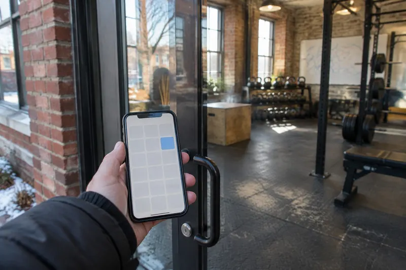 A hand holding a phone at the glass door of a brick gym in winter, the screen showing a blank grid with one square highlighted