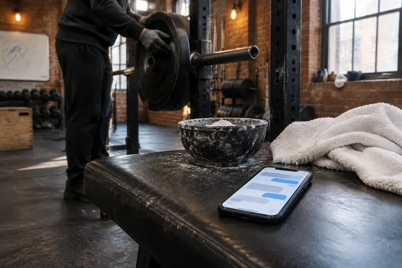 A phone buzzing on a leather gym bench beside a chalk bowl and towel while a coach in gloves loads a plate in the blurred background