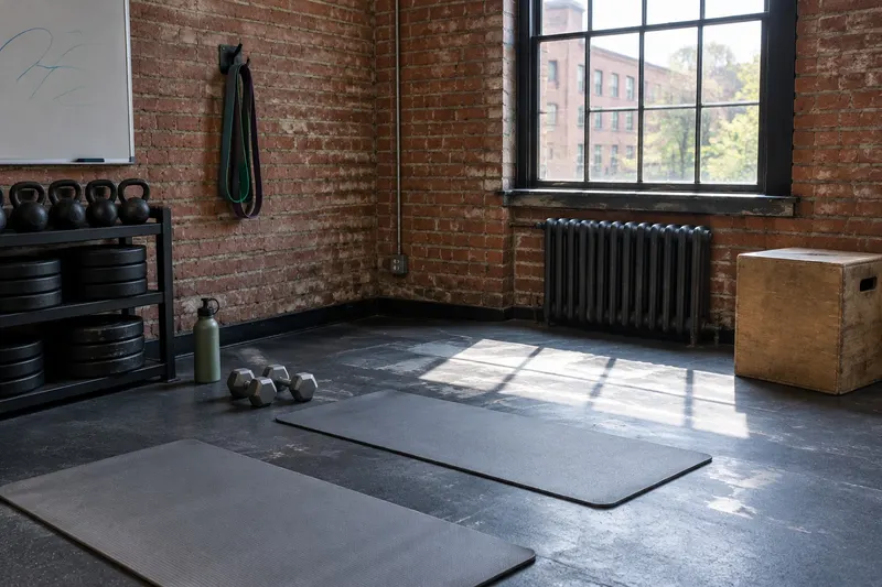 An empty corner of a brick gym in morning light with a few grey mats, light dumbbells, a wooden box and a resistance band on a hook