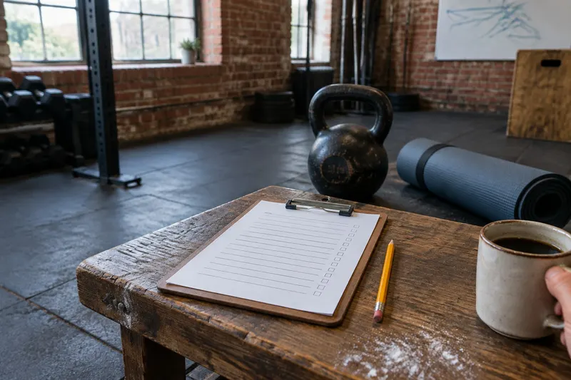 A clipboard with a blank form and pencil on a worn wooden bench in a gym, a kettlebell and rolled mat behind and a coffee mug at the edge