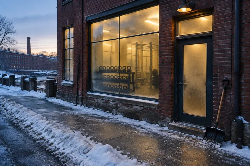 A frosted gym window and door glowing warm yellow on a snowy brick street at dawn, a snow shovel leaning by the door