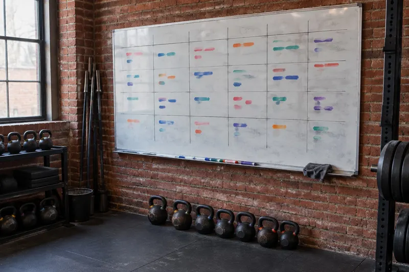 A large whiteboard timetable on a brick gym wall with abstract coloured marker marks in a weekly grid, kettlebells lined up on the floor beneath