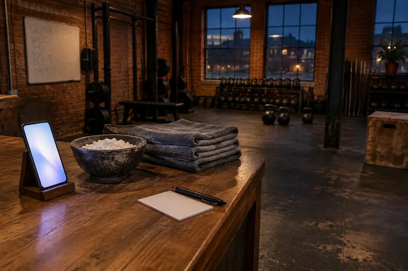 A smartphone glowing in a stand on a wooden gym counter beside a chalk bowl and folded towels, with a dim brick gym floor and kettlebell rack behind