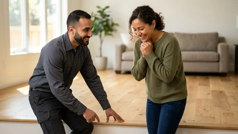 Homeowner delighted by a newly installed wood floor in a bright living room