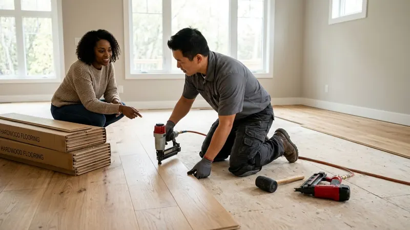 Installer nailing hardwood planks into place while a homeowner looks on