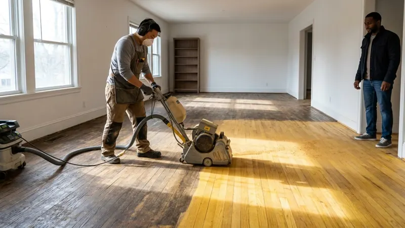 Floor sander working across an old hardwood floor, with sunlit sanded boards on one side and worn finish on the other