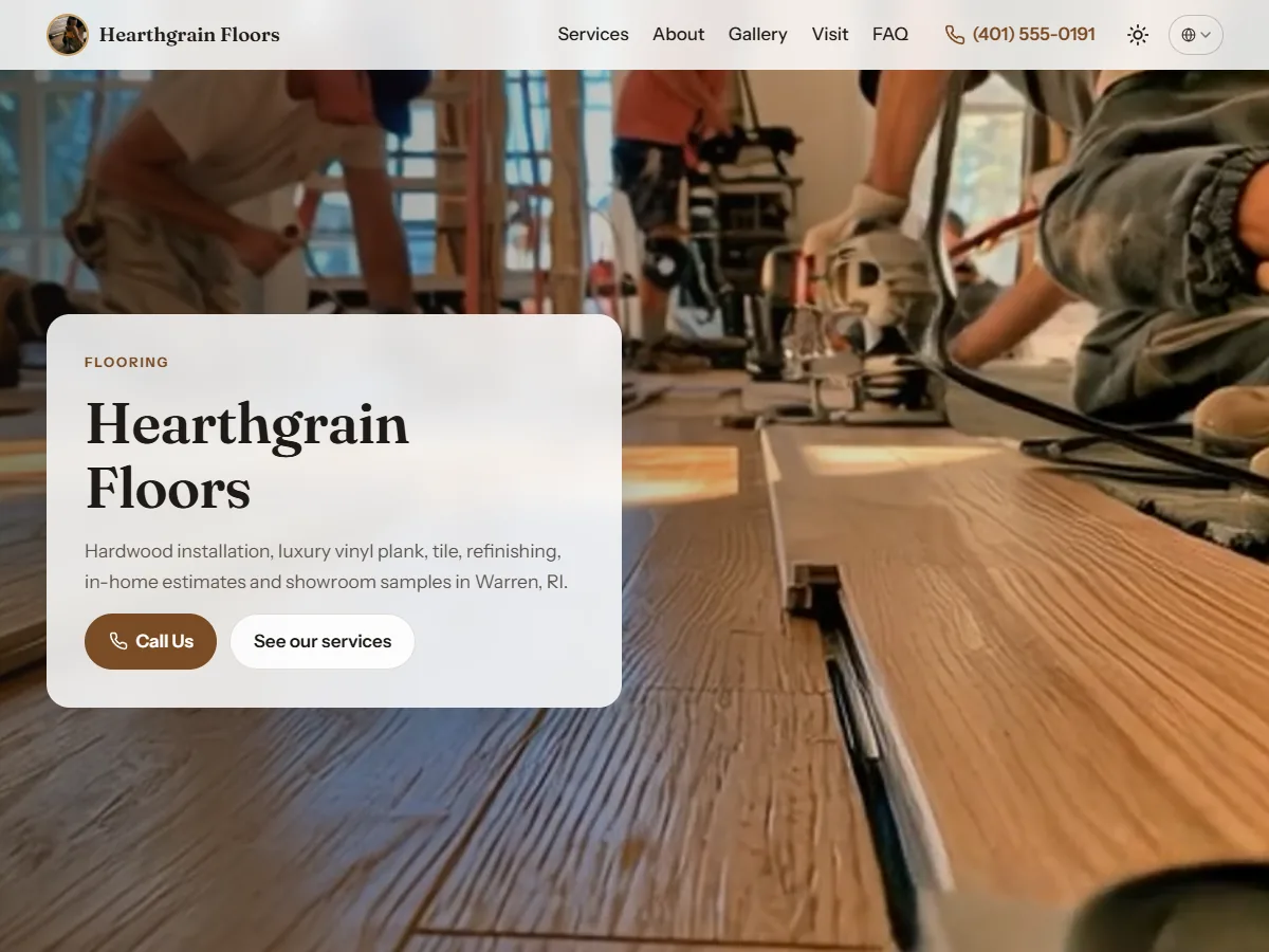 Desktop view of the Hearthgrain Floors sample website, with wood planks being installed behind a Call Us button