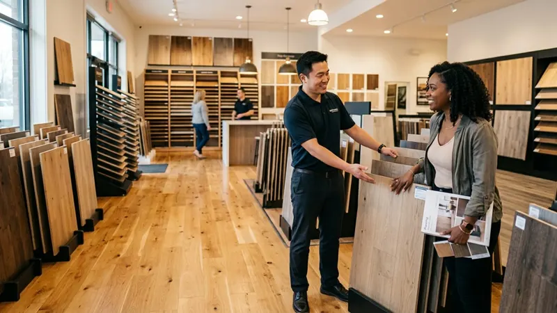 Flooring showroom with wood sample racks and a consultant helping a customer choose a plank