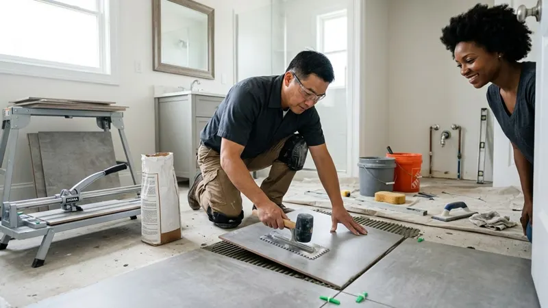 Tile installer setting a large-format floor tile with spacers, a tile saw and thinset bucket nearby