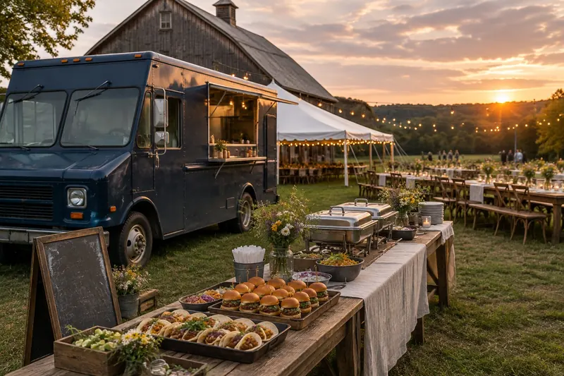 A navy food truck beside a white tent at a New England barn wedding reception at dusk with trays of tacos and sliders on a linen table