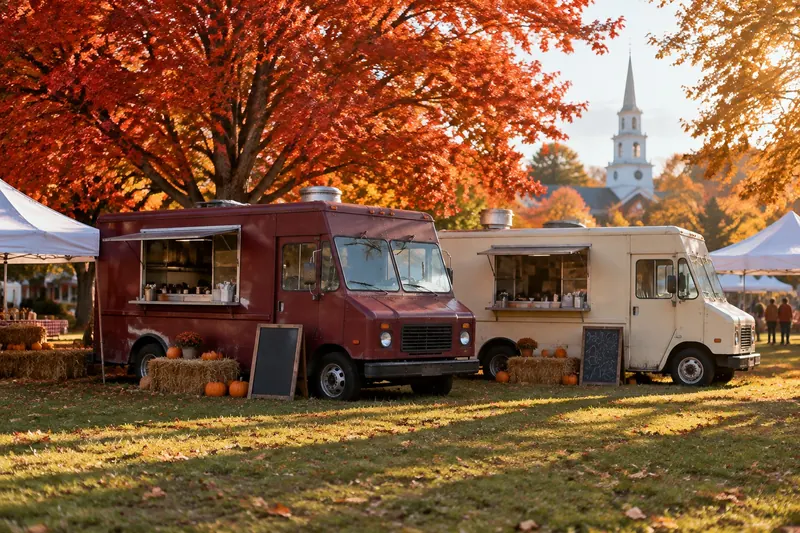 Two plain-painted food trucks under red and orange maple trees at a New England town-green fall festival with hay bales and pumpkins