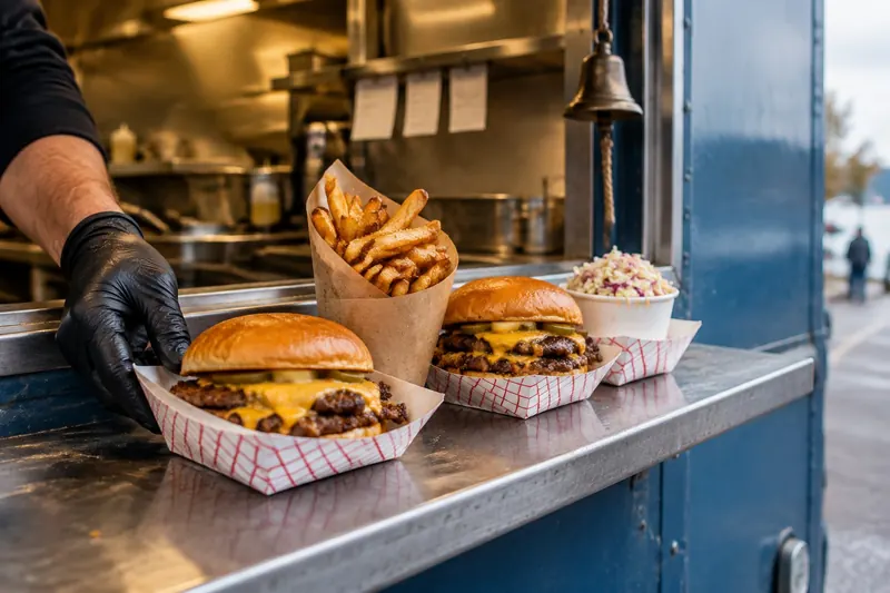 Smash burgers in paper boats, a cone of fries and slaw on a food truck service window ledge, a gloved hand sliding one forward