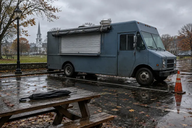 A food truck with its service window shuttered and awning tied down on a wet town-common lot with puddles and fallen leaves