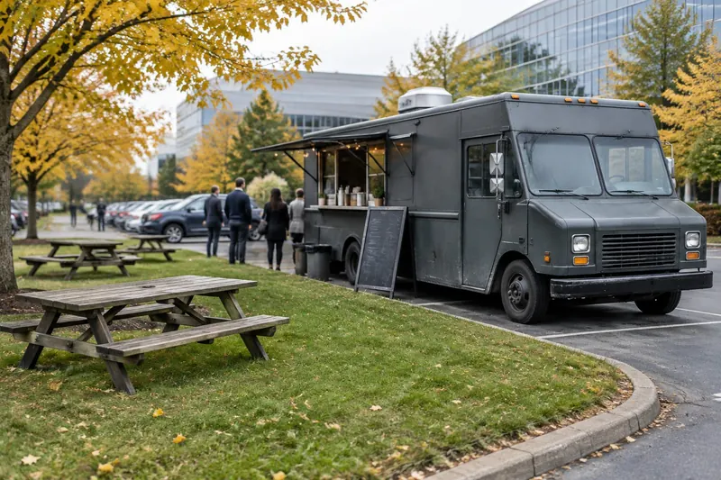 A charcoal-grey food truck in an autumn office-park lot with a short lunch line and picnic tables on the grass