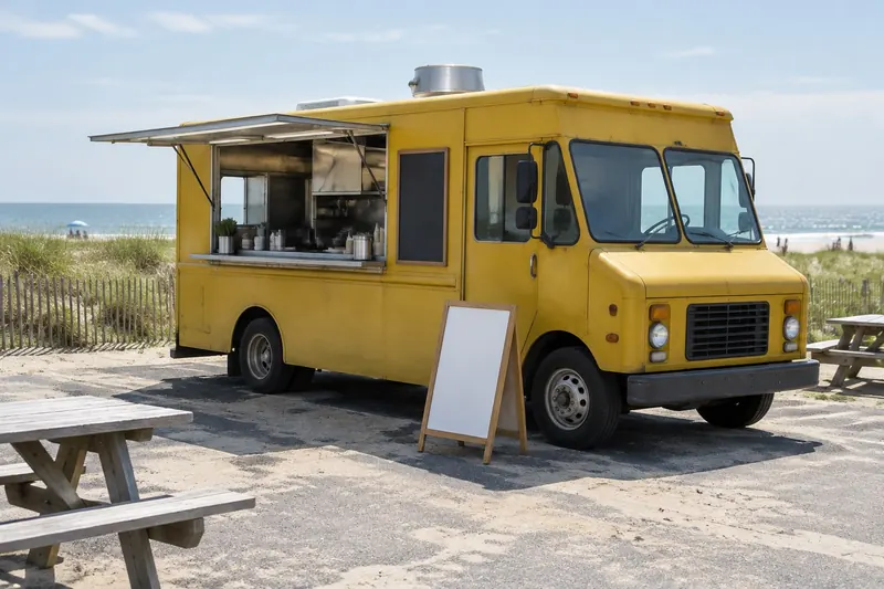 A mustard-yellow food truck with its window open and a blank A-frame sign at a New England beach parking lot, dune grass and the sea behind