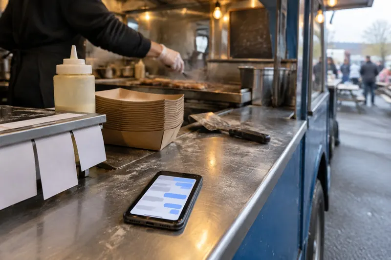A smartphone glowing on the steel counter inside a food truck beside a ticket rail with blank tickets and a stack of paper boats, a gloved hand at the griddle behind