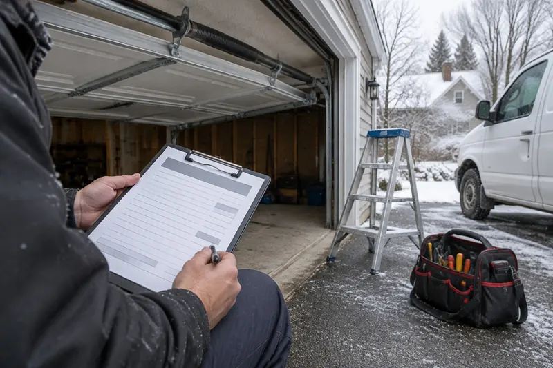 Technician's hands holding a clipboard with a blank estimate form beside an open garage door, stepladder and tool bag on a snowy driveway