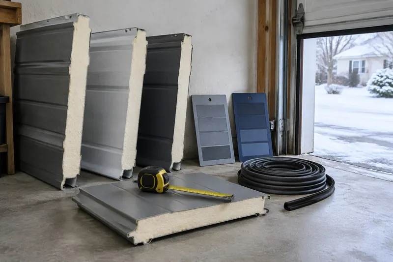 Cutaway sample sections of insulated steel garage door panels with foam cores leaning on a wall beside color swatch boards and weatherstripping