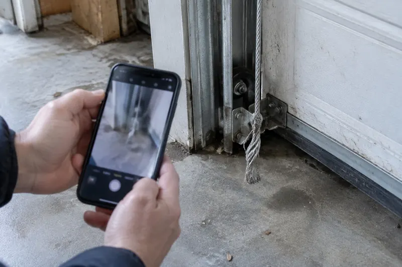 Homeowner's hands holding a phone to photograph a frayed steel lift cable hanging beside the bottom bracket of a garage door