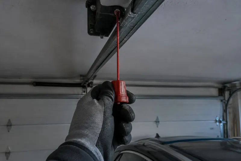 Gloved hand gripping the red emergency release cord that hangs from a garage door opener rail