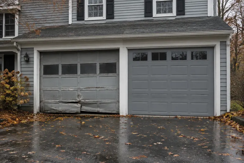 Colonial house with two garage doors: the left one old, faded and dented along the bottom panel, the right one a clean new insulated steel door