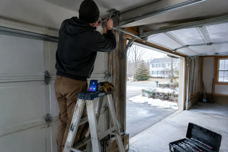 Technician on a stepladder tightening a garage door track under the ceiling with a wrench, his phone ringing on the top step beside his work gloves