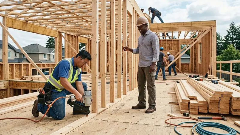 Framing crew nailing a floor deck while a client walks the framed addition