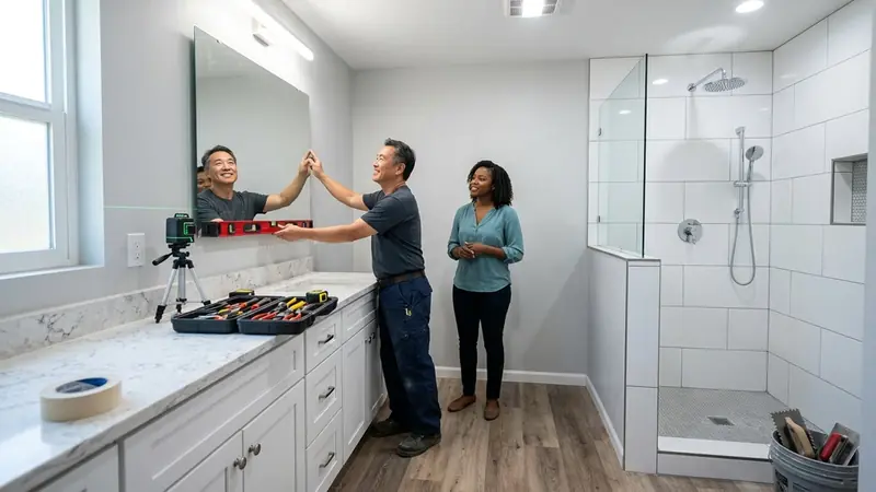 Finished bathroom remodel with contractor leveling the vanity as the homeowner looks on