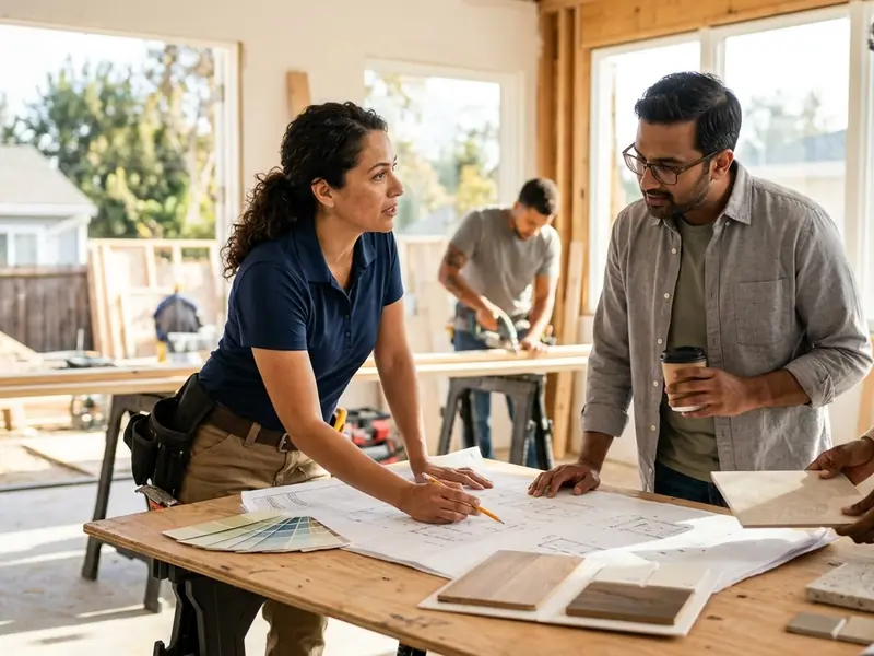 Contractor and homeowner reviewing blueprints and finish samples at a work table