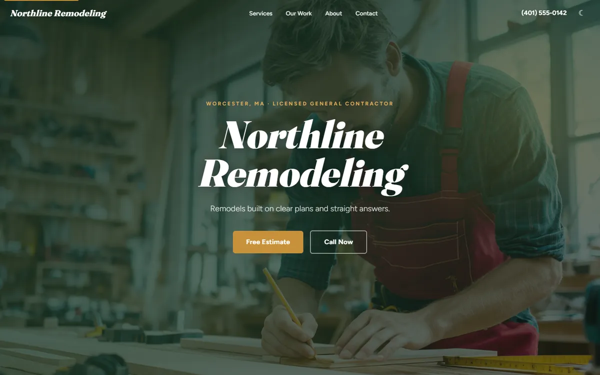 Desktop view of the Northline Remodeling sample website, with a hero photo of a carpenter measuring a board and Free Estimate and Call Now buttons