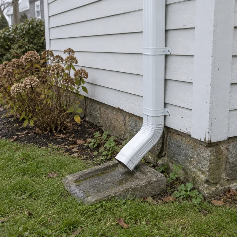 White aluminum downspout with an elbow strapped to a clapboard wall, draining onto a concrete splash block