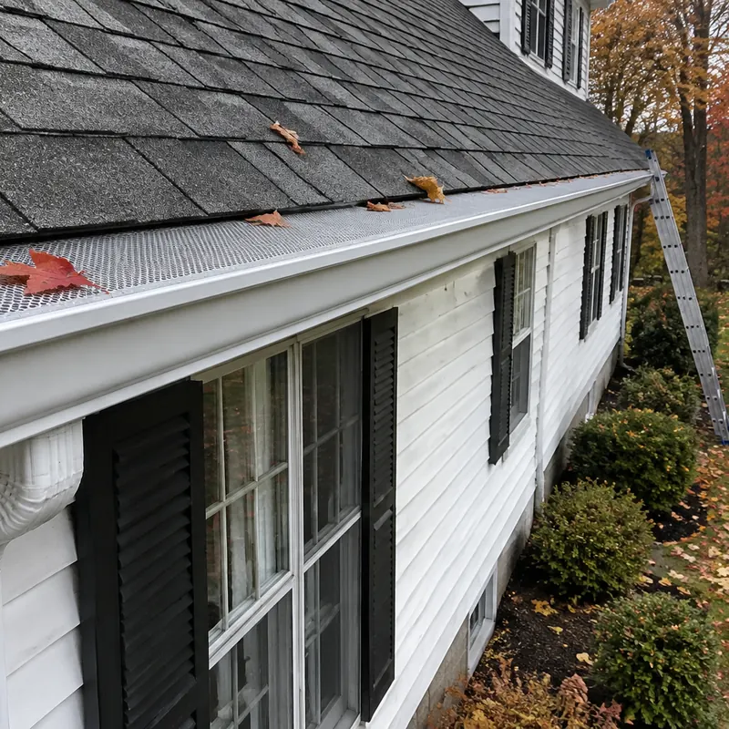 White aluminum gutter with a mesh guard along the eave of a New England house in autumn, a few red maple leaves on the roof edge