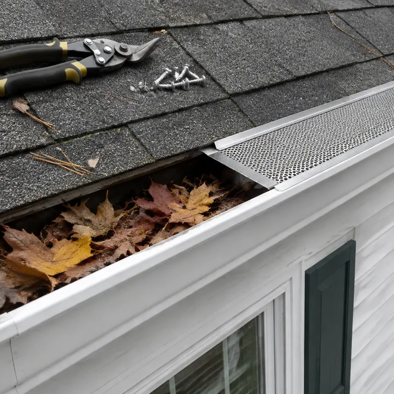 White aluminum gutter at the eave with a micro-mesh guard fitted on one half and fallen leaves still in the open half