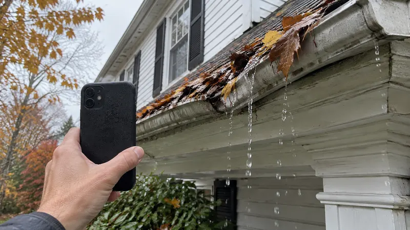 Hand holding a phone, back to the camera, photographing a sagging gutter spilling water and wet maple leaves from the ground