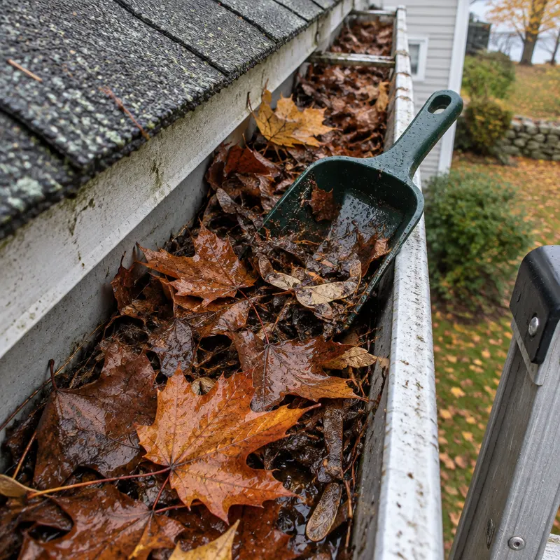 Aluminum gutter packed with wet maple leaves and debris, with a plastic scoop resting in the leaves