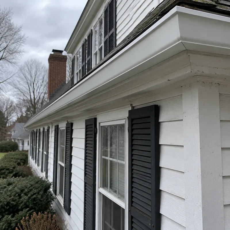 Long seamless white aluminum gutter run along the fascia of a white colonial house, with a clean corner miter