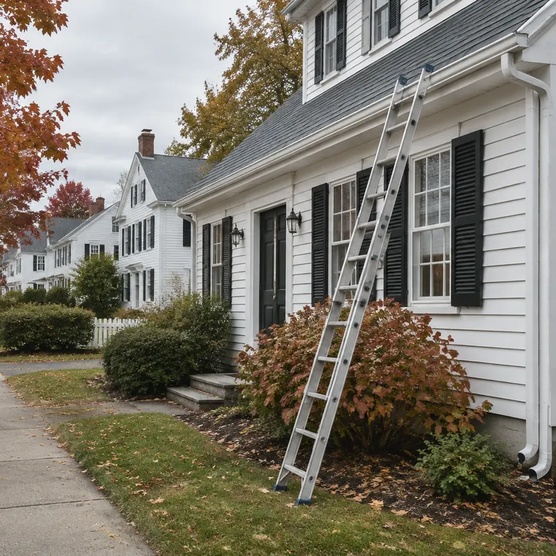Quiet New England street in autumn with white colonial houses and an extension ladder leaning against the nearest one