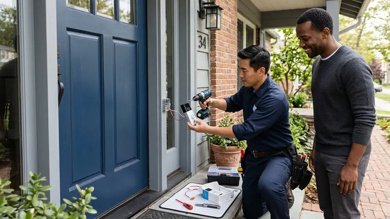Handyman kneeling at a front door installing a smart doorbell while the homeowner smiles