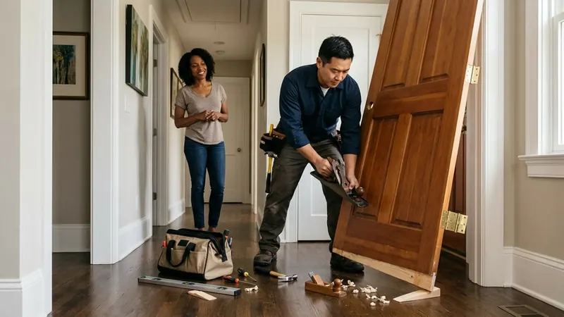 Handyman trimming a sticking interior door in a hallway with his tool bag on the floor
