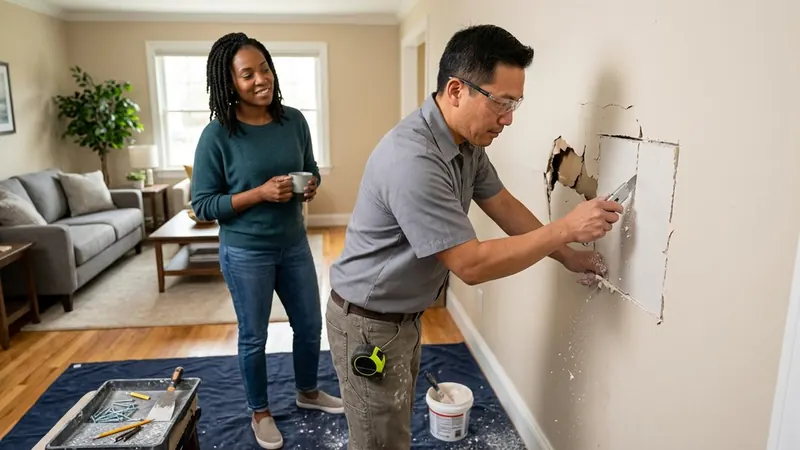Handyman patching a hole in living-room drywall with a putty knife while the homeowner watches