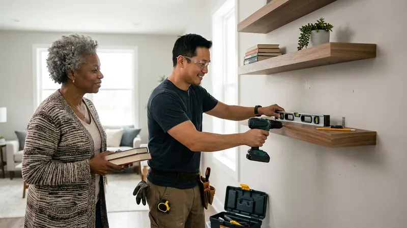 Handyman leveling and screwing a floating shelf to a living-room wall while the homeowner looks on