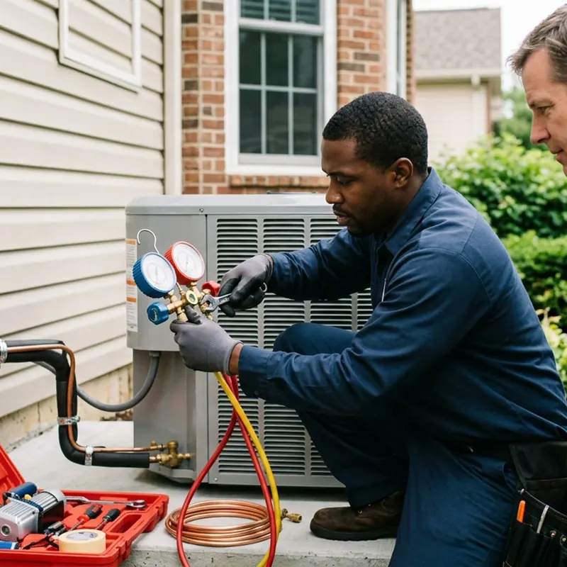 Technician in navy coveralls connects a manifold gauge set to an outdoor AC condenser beside a brick house, vacuum pump kit and copper line set on the pad