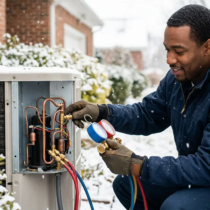 Technician in a winter jacket connects gauges to a snow-dusted heat-pump condenser with its panel open, snow falling behind a brick home