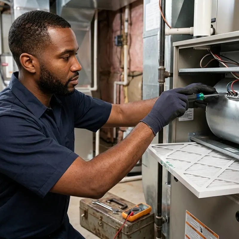 Technician in a navy uniform and gloves works inside a gas furnace cabinet beside a new air filter
