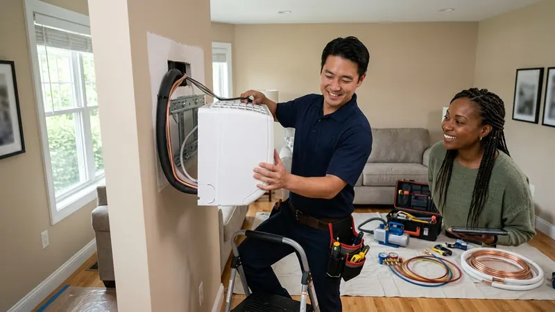 Technician lifts a white indoor mini-split head onto its wall bracket in a bright living room while a homeowner watches, copper line set and gauges on the floor
