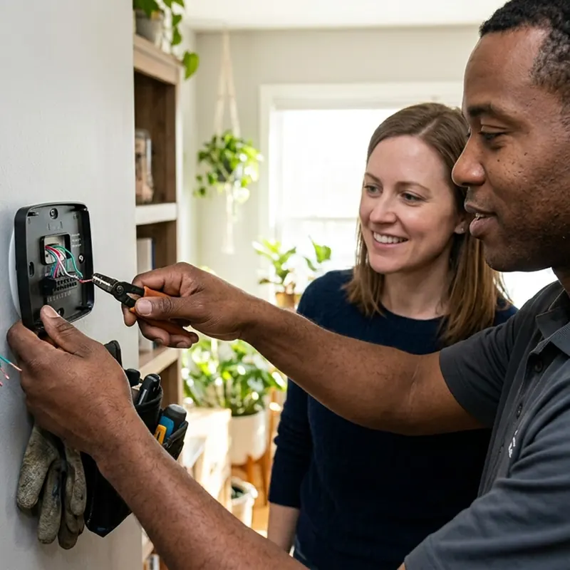 Close-up of a technician hands wiring a wall thermostat while a smiling homeowner looks on in a sunlit living room