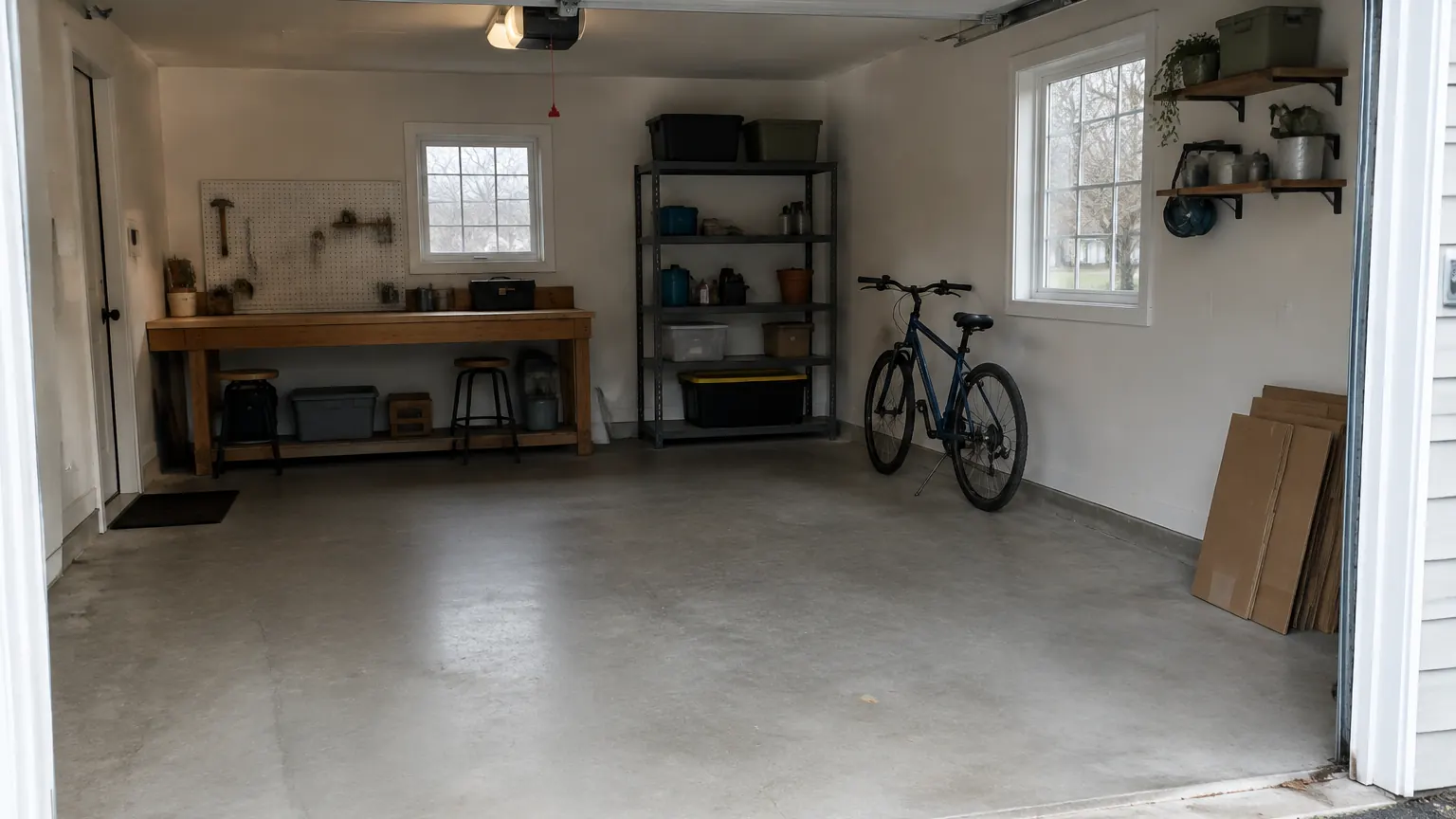 Swept-clean one-car garage with a workbench, shelves and a bicycle after a clean-out